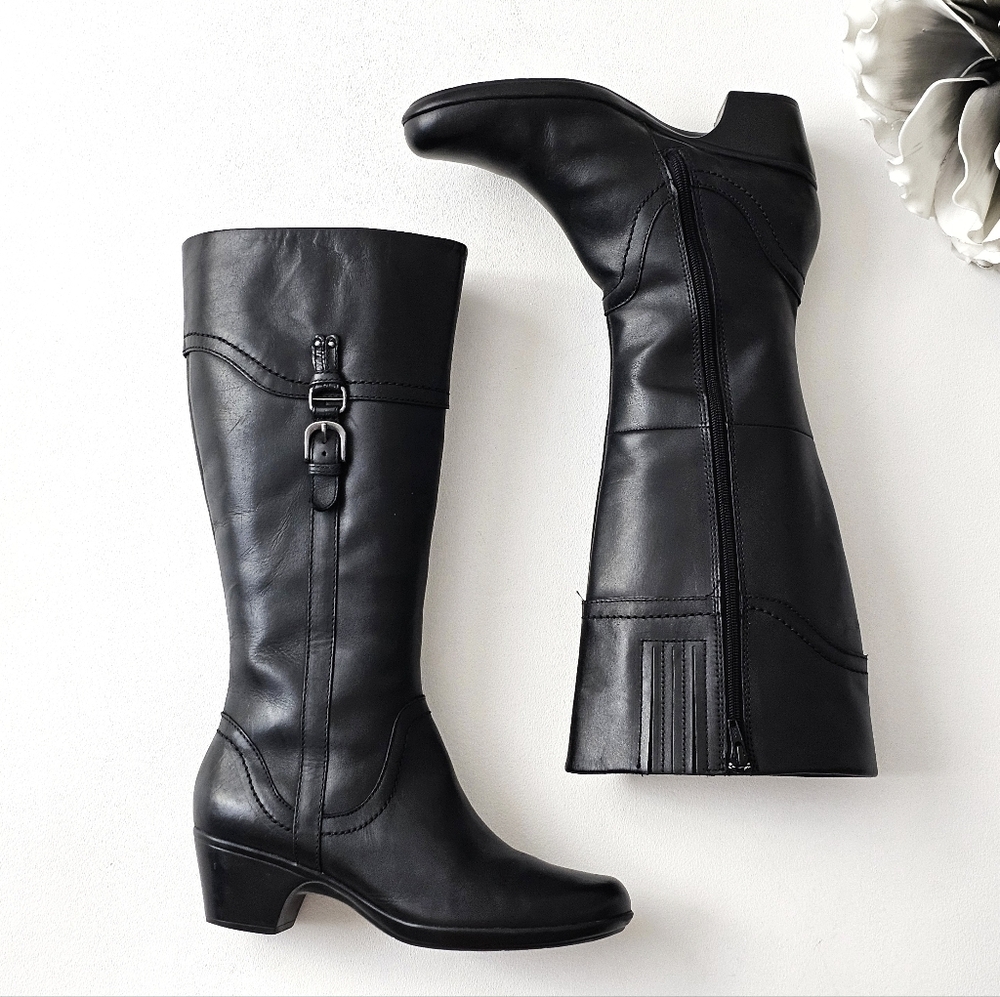Clarks Bendables Black Leather Mid Calf Boots Size 9M Comfort Low Heel Zip Ridin